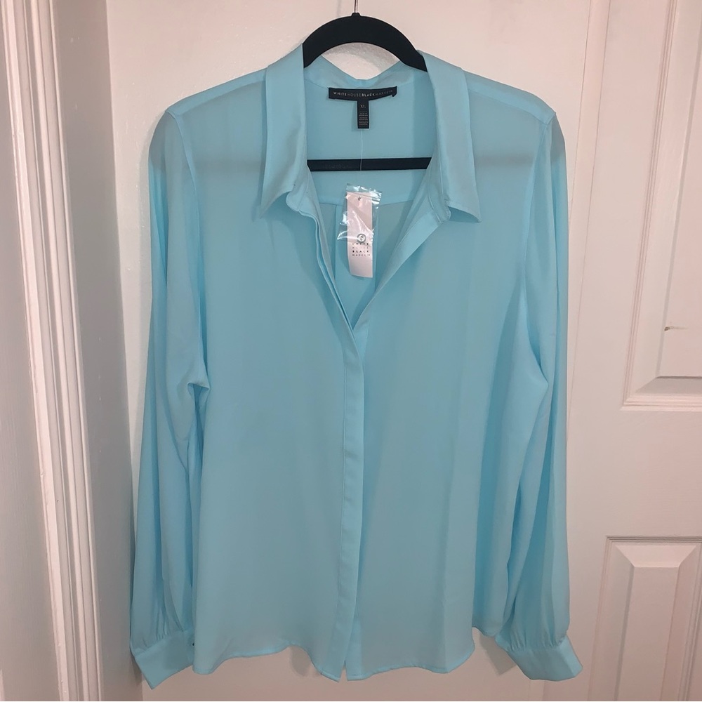 White House Black Market Bermuda Blue Long-Sleeve Button Front Blouse Size XL